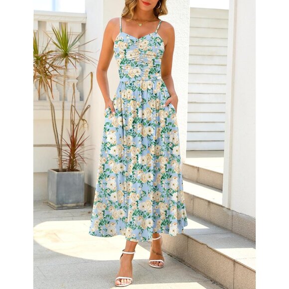 Women's Light Blue Floral Adjustable Spaghetti Strap Floral Beach Long Maxi - Picture 2 of 6